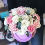 round box bouquet of flowers