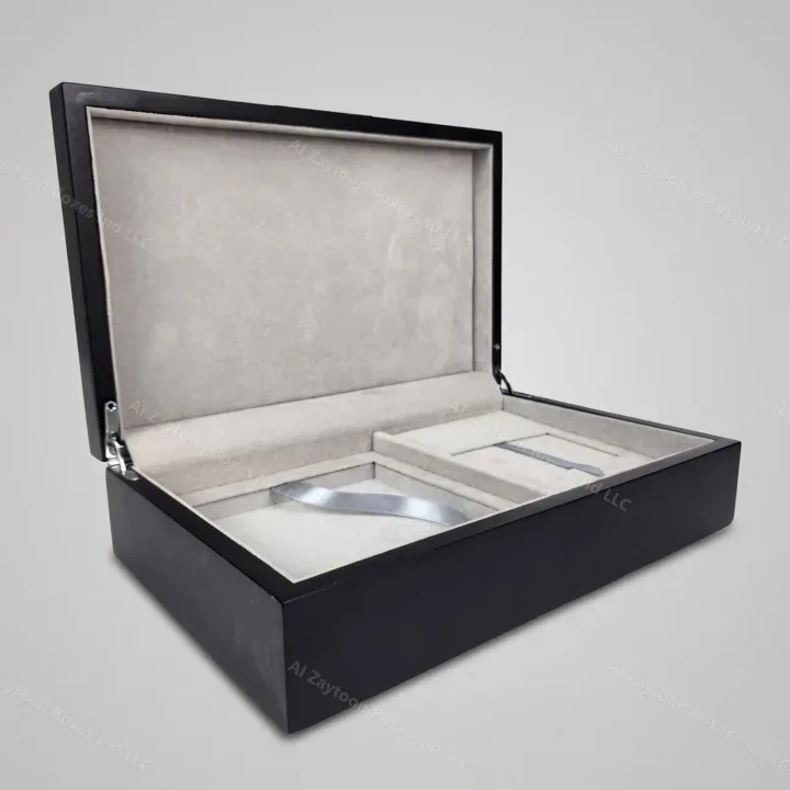 Black lacquer wooden gift box with grey velvet insert