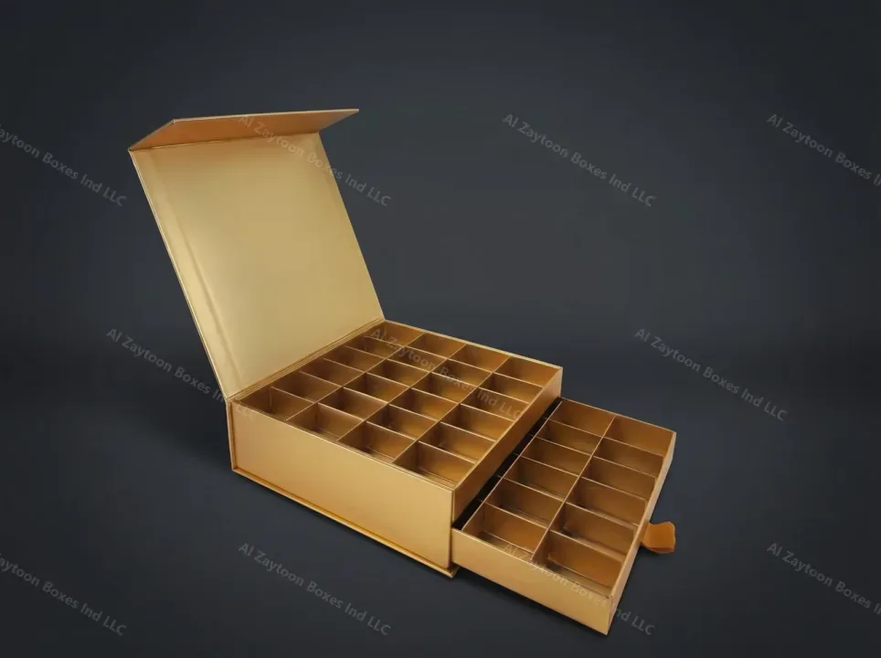 Gold magnetic gift box with chocolate drawer and compartments