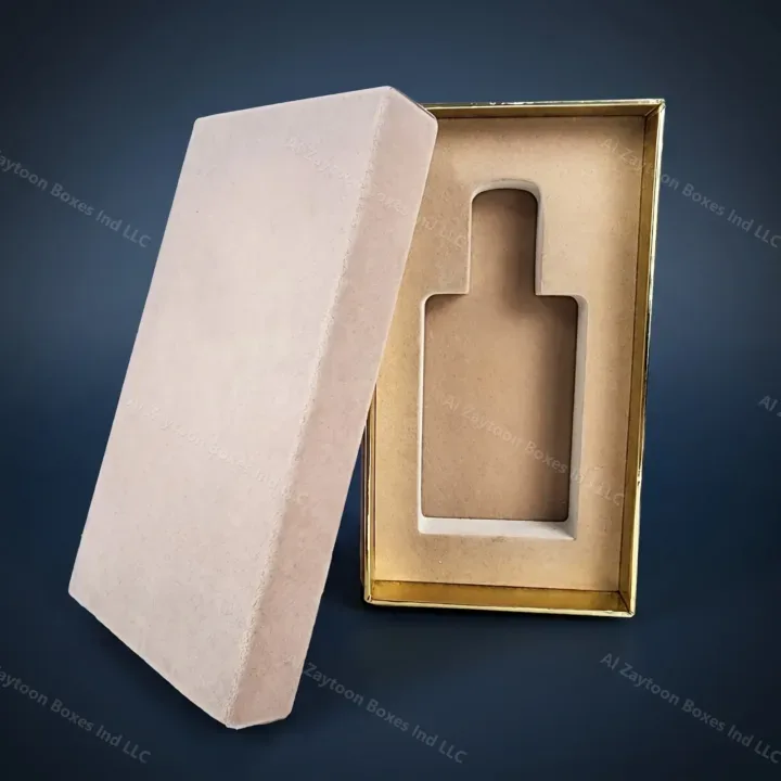 Rigid perfume box with suede-finish lid and fitted bottle insert